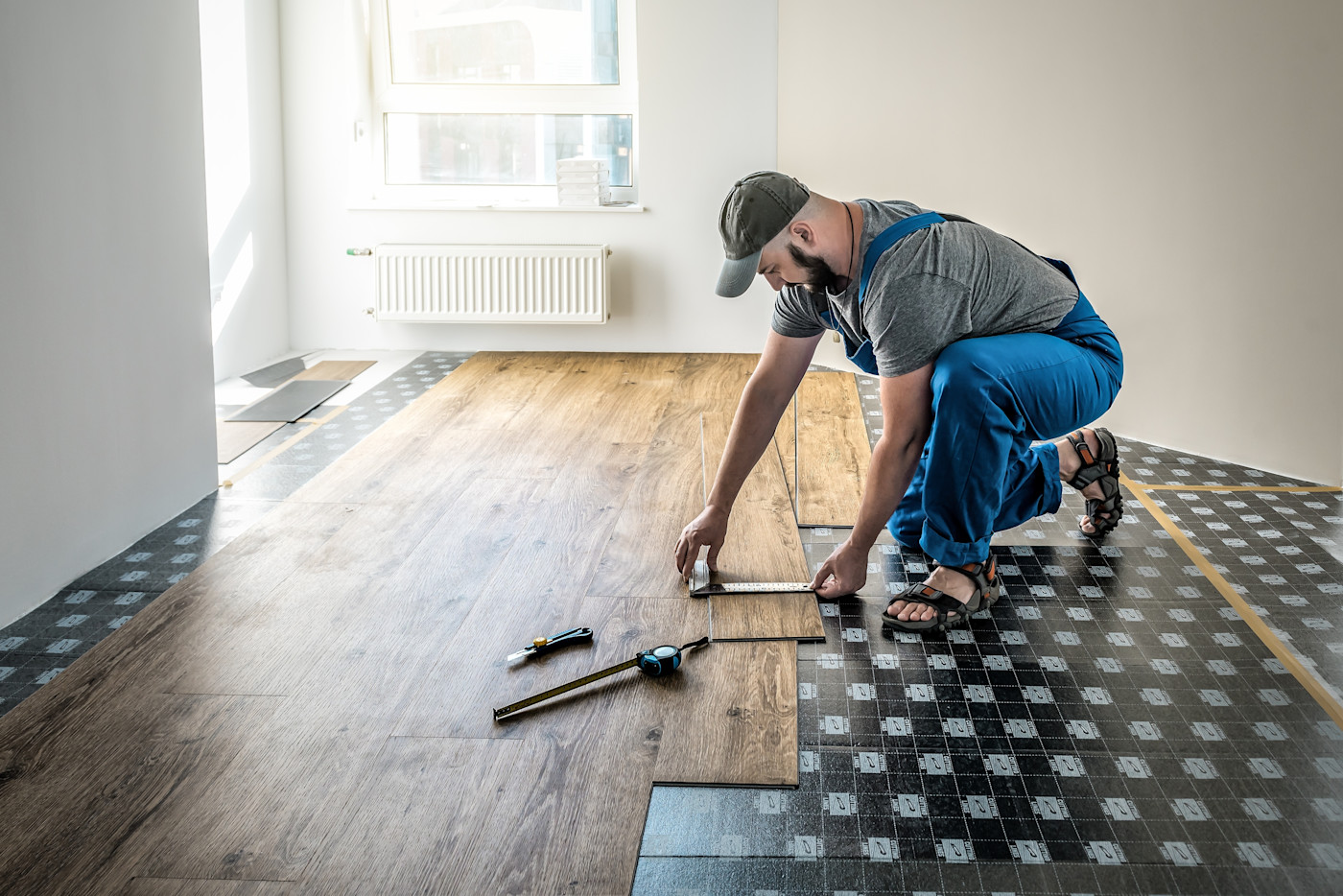 Een vakman die een parketvloer legt in een kamer