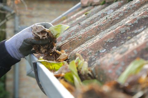 Schoonmaken van dakgoten vol herfstbladeren voor winteronderhoud