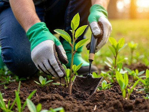 Planten van bomen op een zonnige lentedag, met boomzaailingen in vochtige grond en handen in handschoenen die tuingereedschap gebruiken.