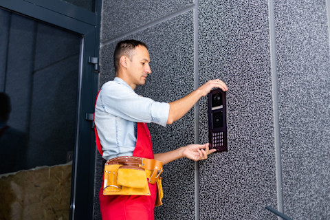 Installateur is bezig met een intercom installatie in de hal van een gebouw