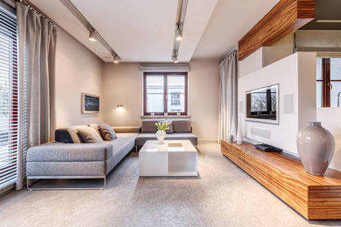 Ruime moderne woonkamer met grote grijze hoekbank en een verlaagd plafond.