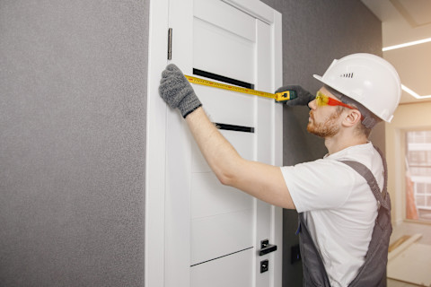 Timmerman meet nauwkeurig een deur af tijdens het installatieproces in een woning.