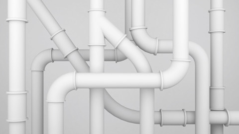 Conceptueel schema van een waterleidingsysteem weergegeven in een witte 3D-illustratie.