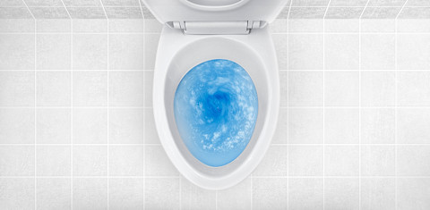 Toiletpot gevuld met blauwe reinigingsgel voor een schone spoelbeurt.