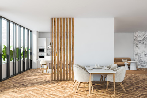 Een stijlvolle houten constructie die de ruimte visueel verdeelt en tegelijkertijd functioneert als open opbergrek—perfect voor een lichte scheidingswand met opslagoptie.