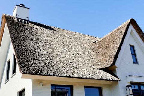 Wit huis met een rieten dak onder een blauwe lucht, met een schoorsteen en groene bomen op de achtergrond.