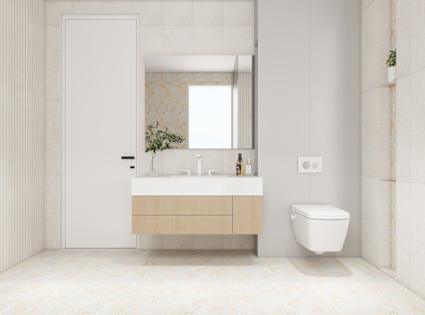 Een moderne badkamer met een dichte wc erin