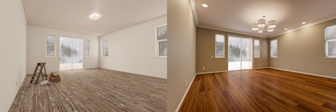 Onbewerkte en geverfde laminaatvloer naast elkaar, duidelijk verschil zichtbaar in afwerking.