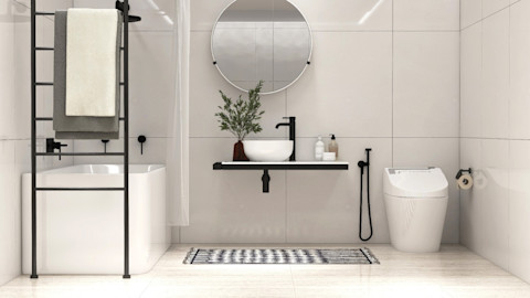 Minimalistische moderne badkamer met witte tegels en strakke, luxe uitstraling.