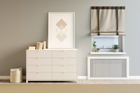 Gezellige lichte woonkamer met planten en radiatorombouw – een helder ingerichte kamer met houten vloer, kamerplanten en radiatorombouw onder het raam.