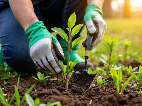 Planten van bomen op een zonnige lentedag, met boomzaailingen in vochtige grond en handen in handschoenen die tuingereedschap gebruiken.