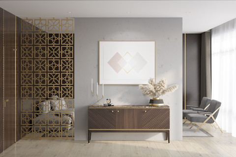 Een strakke houten omlijsting met glas en ingebouwde verlichting die een moderne en transparante scheiding vormt, ideaal voor woon- of kantooromgevingen.