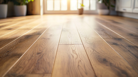 Een houten vloer in een lege woonkamer op een zonnige dag
