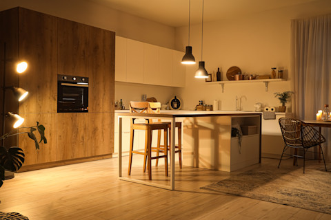Moderne keuken met verlicht aanrecht en minimalistische uitstraling, ideaal voor functionele werkverlichting.