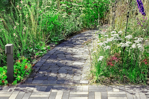 Landelijke achtertuin met bestrating van klinkers en kleurrijke bloemen en planten langs de randen voor een sfeervolle uitstraling