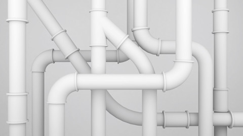 Conceptueel schema van een waterleidingsysteem weergegeven in een witte 3D-illustratie.