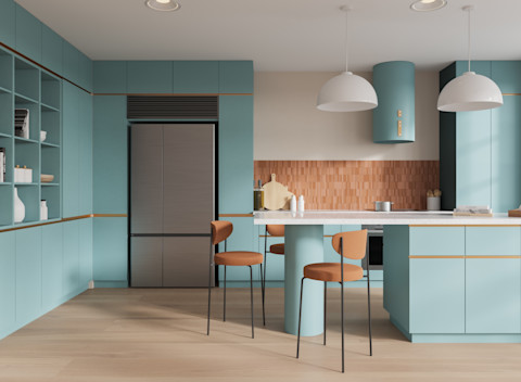Luxe blauwgekleurde keuken met witte accenten en elegante, minimalistische inrichting.