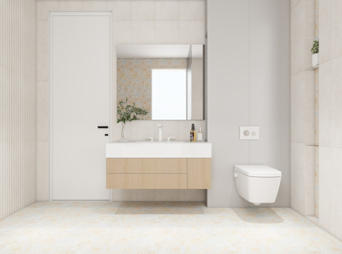 Een moderne badkamer met een dichte wc erin