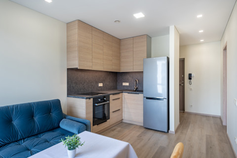 Minimalistische keuken met houten kasten en zilveren accenten, strak en eigentijds design.