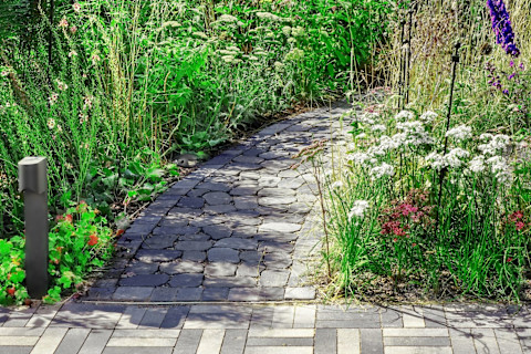 Landelijke achtertuin met bestrating van klinkers en kleurrijke bloemen en planten langs de randen voor een sfeervolle uitstraling