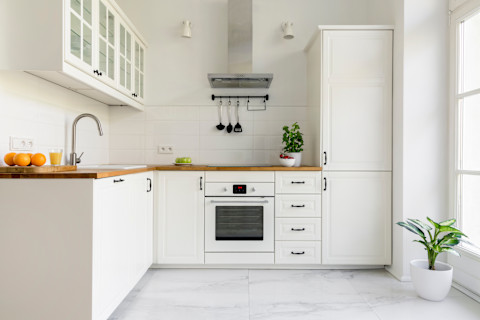 Een minimalistische witte keuken met zilveren afzuigkap en plant op de grond.