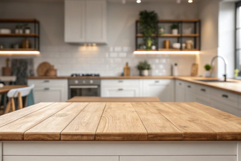 Houten aanrechtblad in een moderne keuken met vervaagde achtergrond voor sfeer.