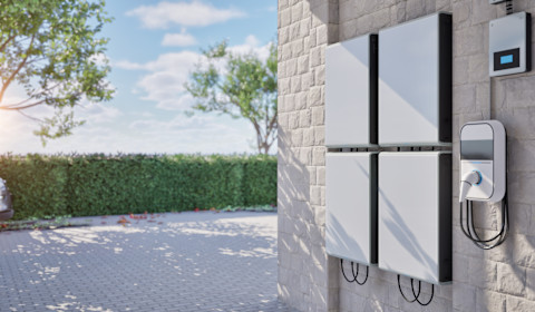 Thuisbatterij voor energieopslag met een modern batterijbeheersysteem in een woning.