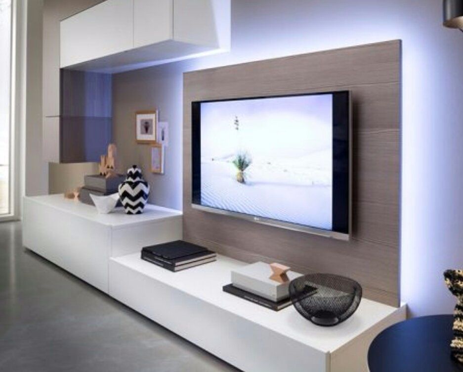 bericht Blaze Mysterie Tv flatscreen achterwand met verlichting en afwerkplank tv meubel - Werkspot